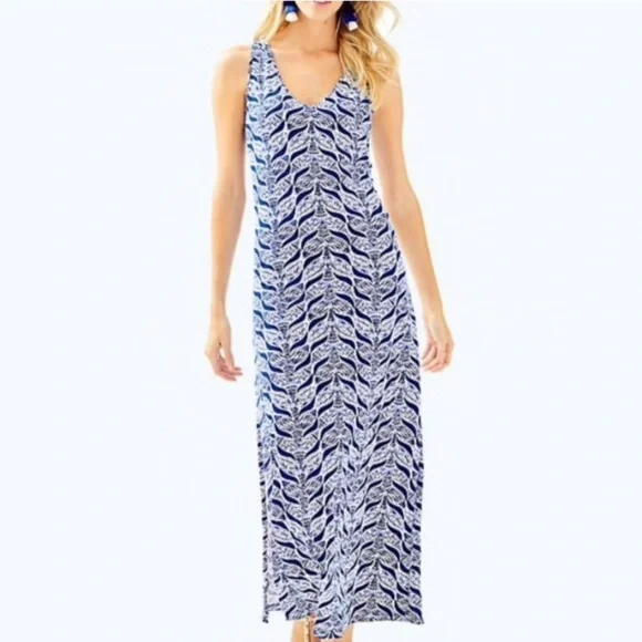 Lilly Pulitzer 100% Pima Cotton Blue Floral Waves Print along Maxi Dress Medium - Picture 8 of 8